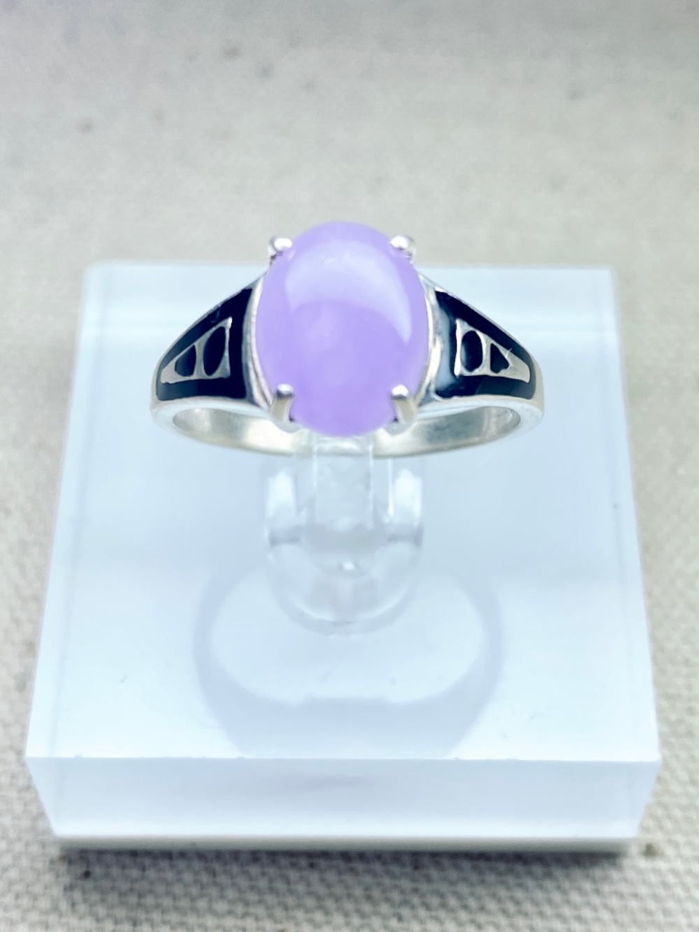 Lavender Jade 925 Vintage Sterling Silver Ring Black Enamel Geo S Art Deco Style
